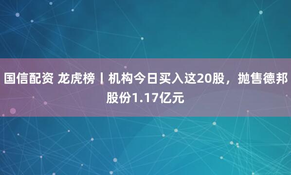 国信配资 龙虎榜丨机构今日买入这20股，抛售德邦股份1.17亿元
